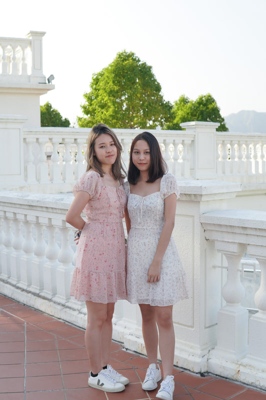 兩着泡泡袖粉紅拼色碎花雪紡OPS | 奶油白 (現貨)