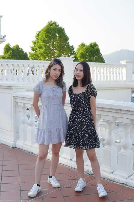 兩着泡泡袖粉紅拼色碎花雪紡OPS | 黑 (現貨)