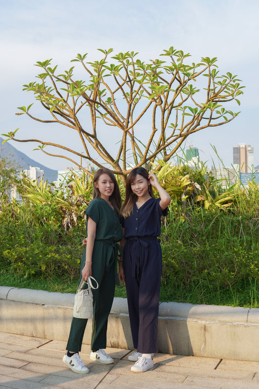 V領鈕扣橡筋腰口袋連身長褲 | 深藍 (現貨)