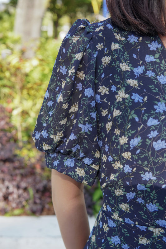 公主袖拼色花朵雪紡OPS | 深藍 (現貨)