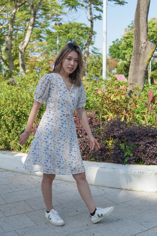 公主袖拼色花朵雪紡OPS | 象牙白 (現貨)